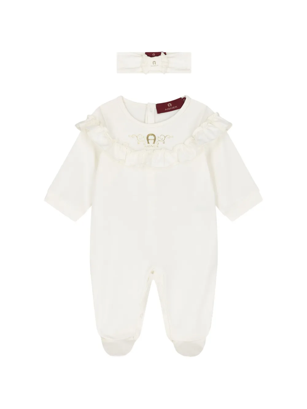 Aigner Kids logo-embroidered ruffle-trim pajama and headband set - Tons neutres Aigner Kids logo-embroidered ruffle-trim pajama and headband set - Tons neutres