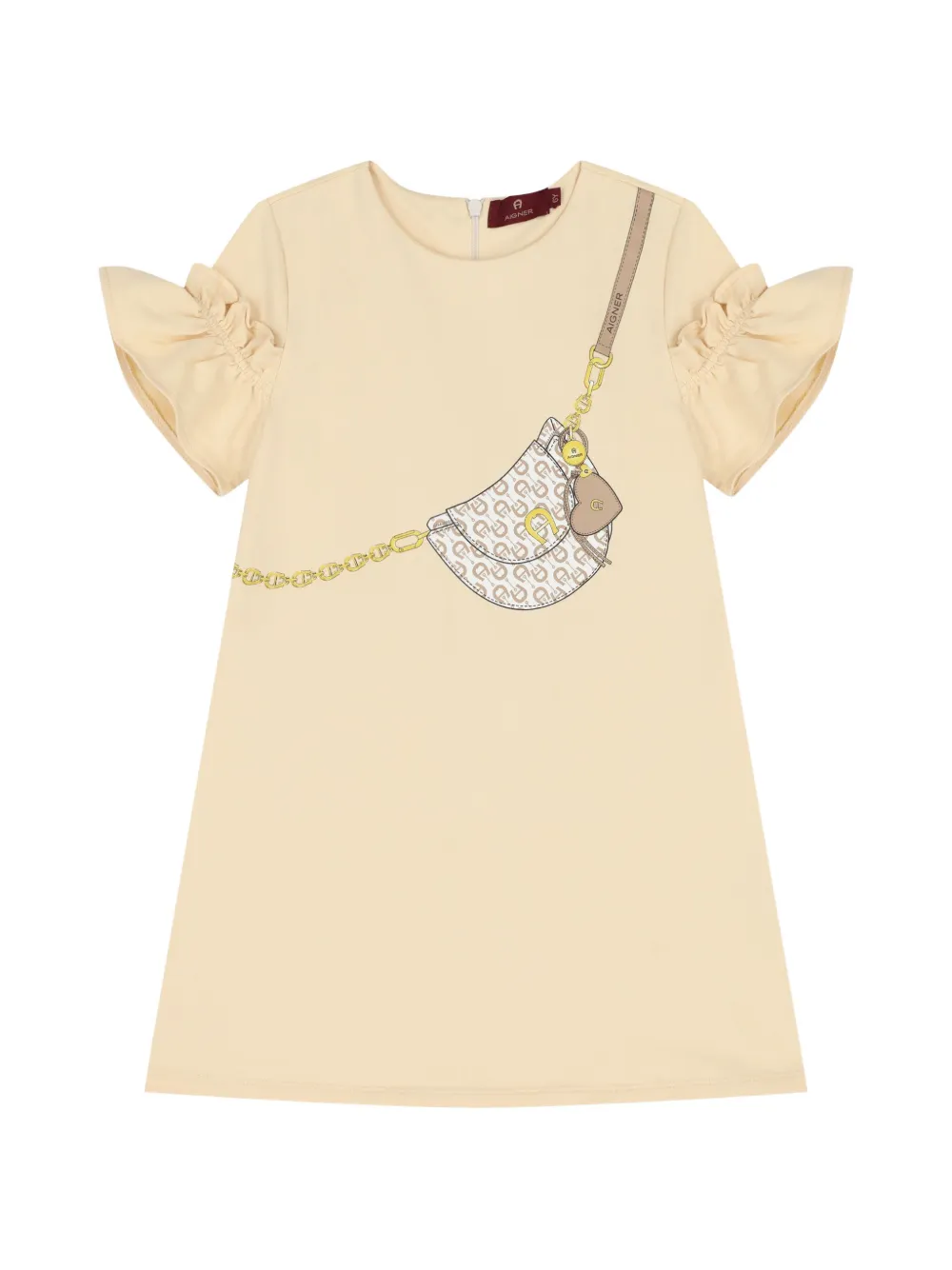 Aigner Kids Jurk met ruches en tassenprint Beige
