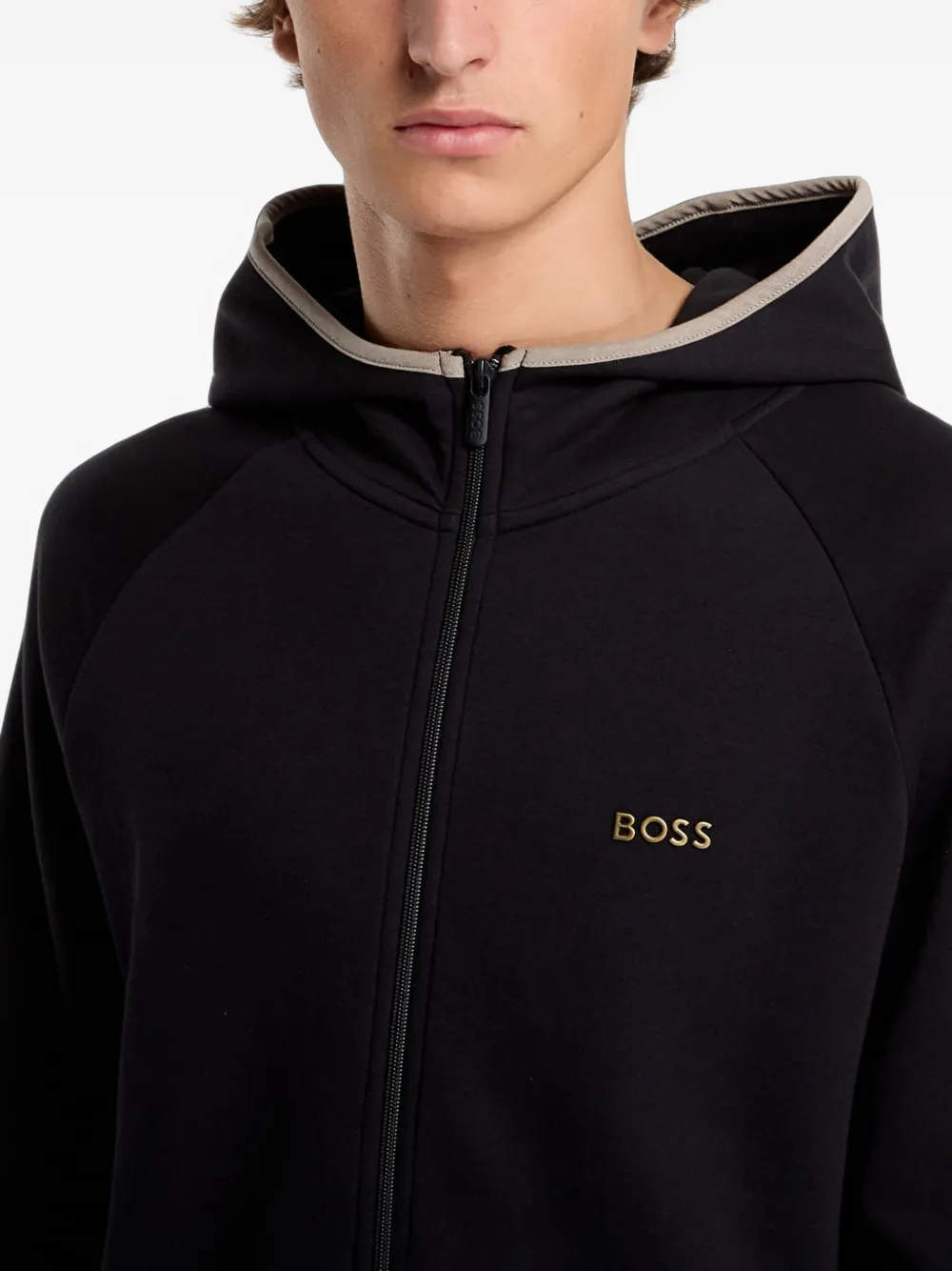 HUGO Hoodie van katoenblend met contrasterende band en rits Zwart