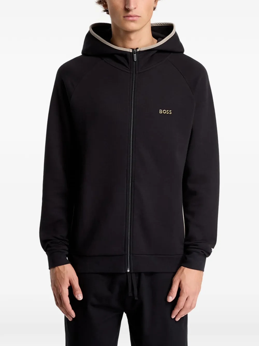HUGO Hoodie van katoenblend met contrasterende band en rits Zwart