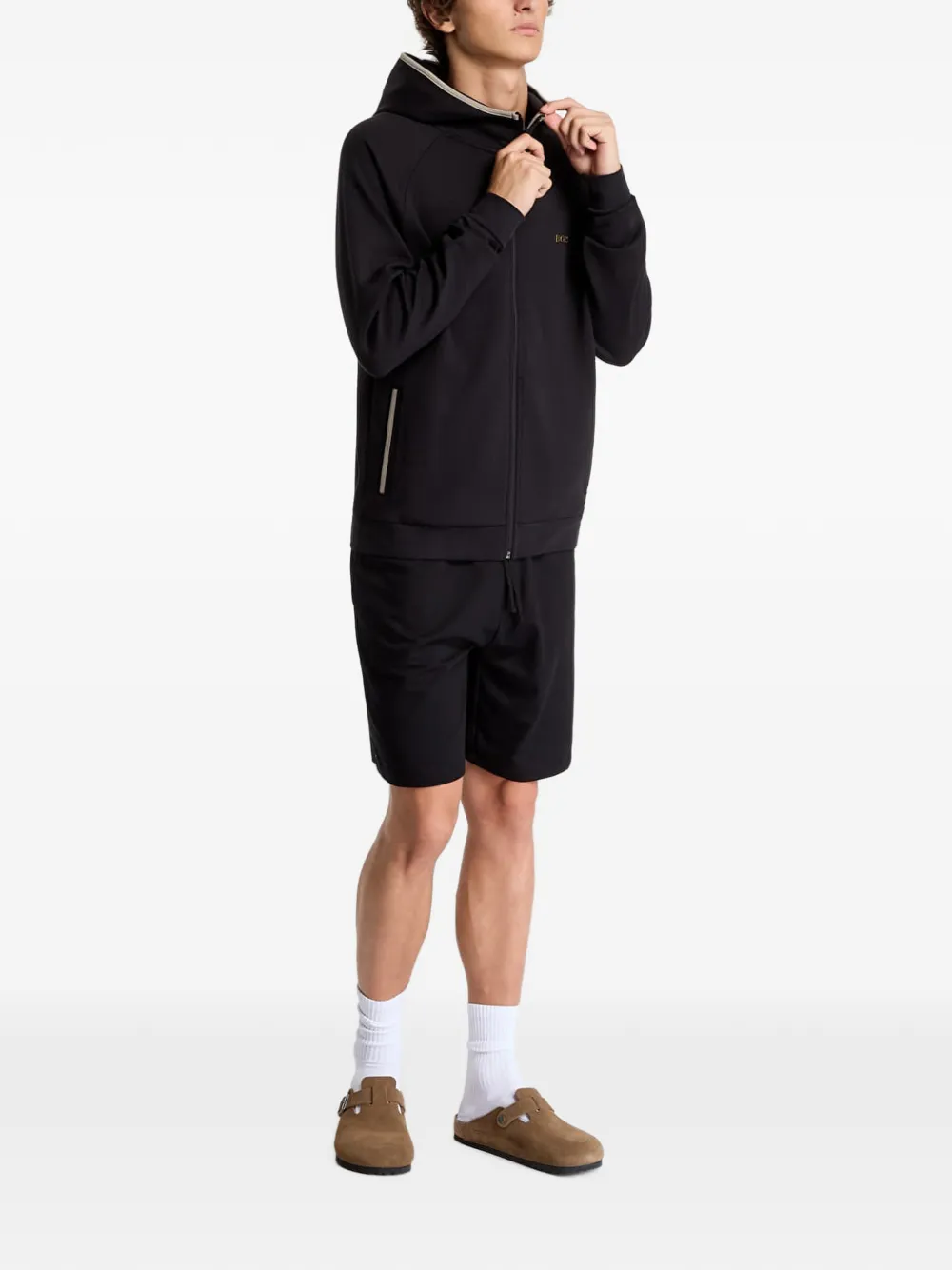 HUGO Hoodie van katoenblend met contrasterende band en rits Zwart