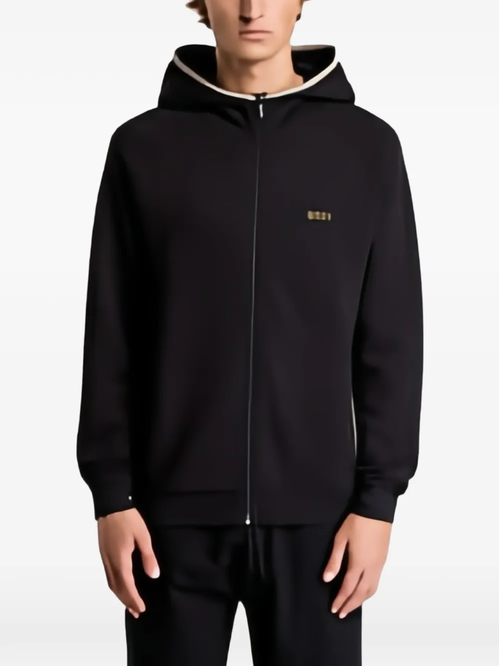 Hugo Boss Cotton-blend Zip-up Hoodie With Contrast Binding In Black