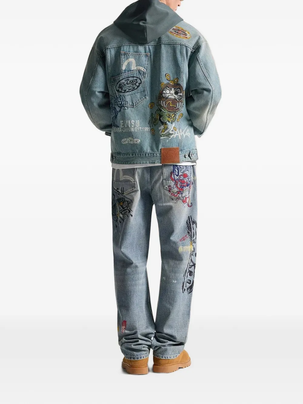 EVISU Fortune Theme handgeverfd denim jack Blauw