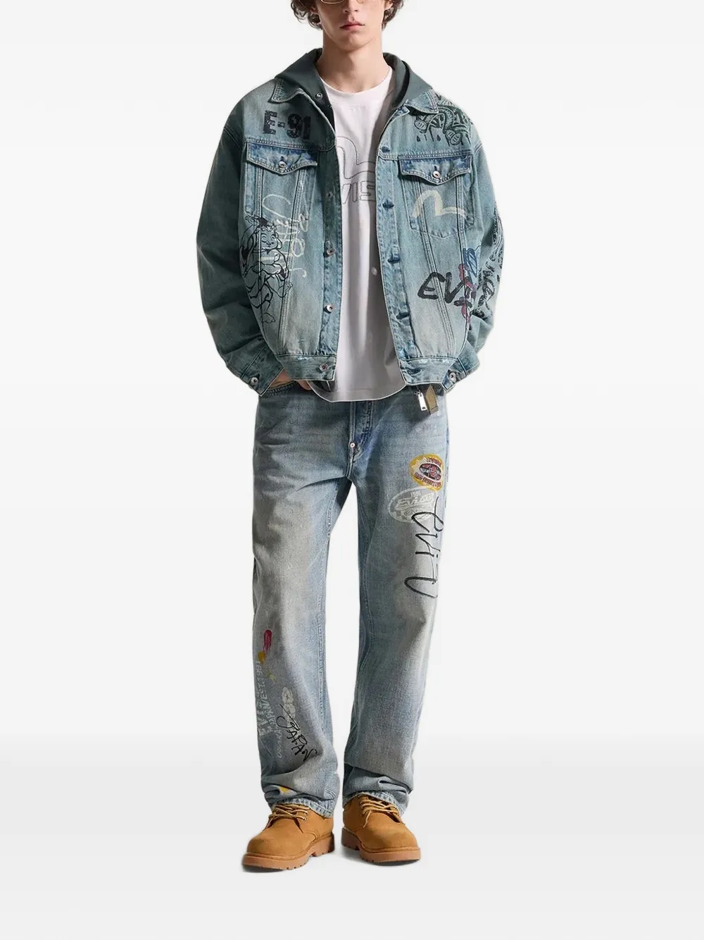 EVISU Fortune Theme handgeverfd denim jack Blauw