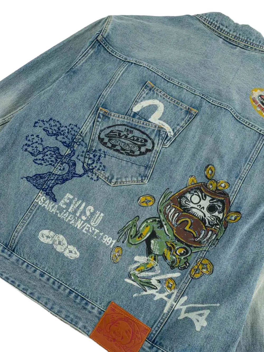 EVISU Fortune Theme handgeverfd denim jack Blauw