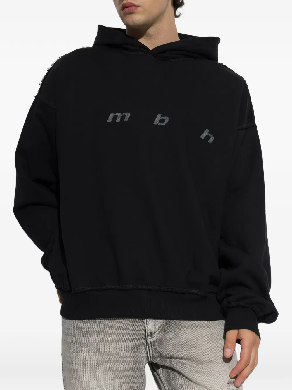 MISBHV Hoodie met gerafelde afwerking en grafische print Zwart