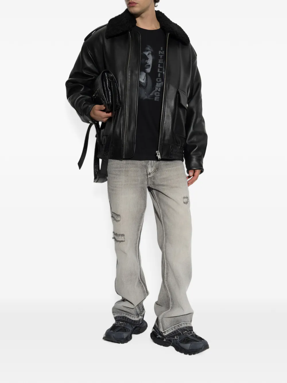 Misbhv Shearling-collar Leather Jacket In Black