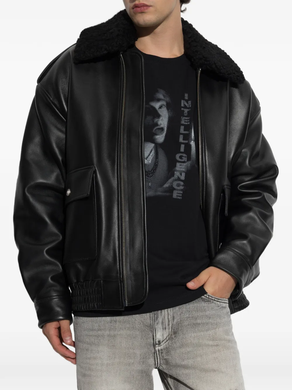Misbhv Shearling-collar Leather Jacket In Black