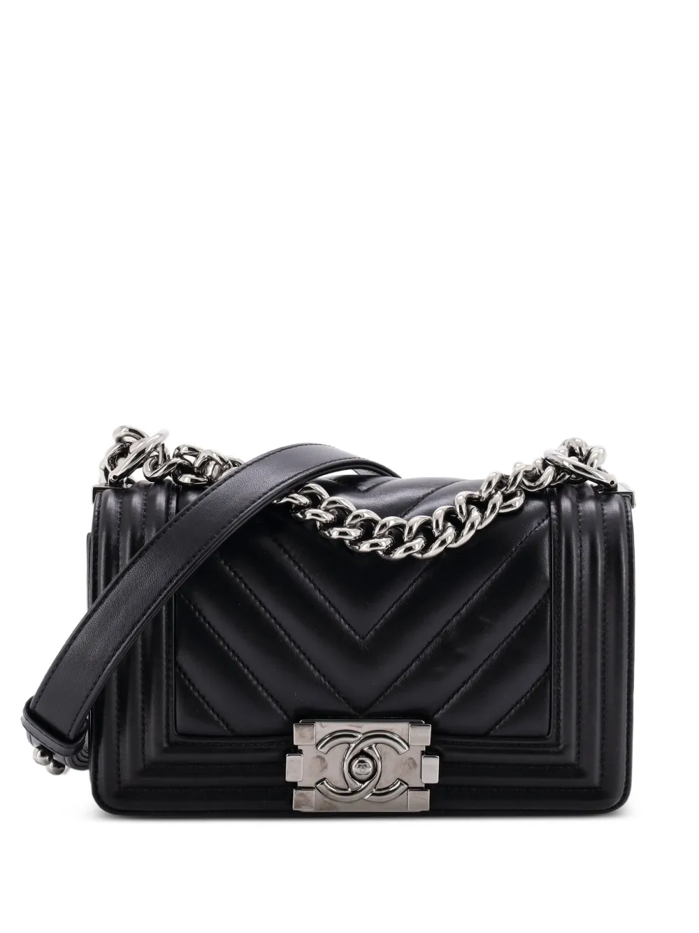 CHANEL Pre-Owned Borsa a spalla Boy in pelle di agnello con battente e motivo chevron - Nero