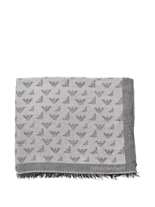 Emporio Armani Eagle-monogram Fringed Scarf in Grey