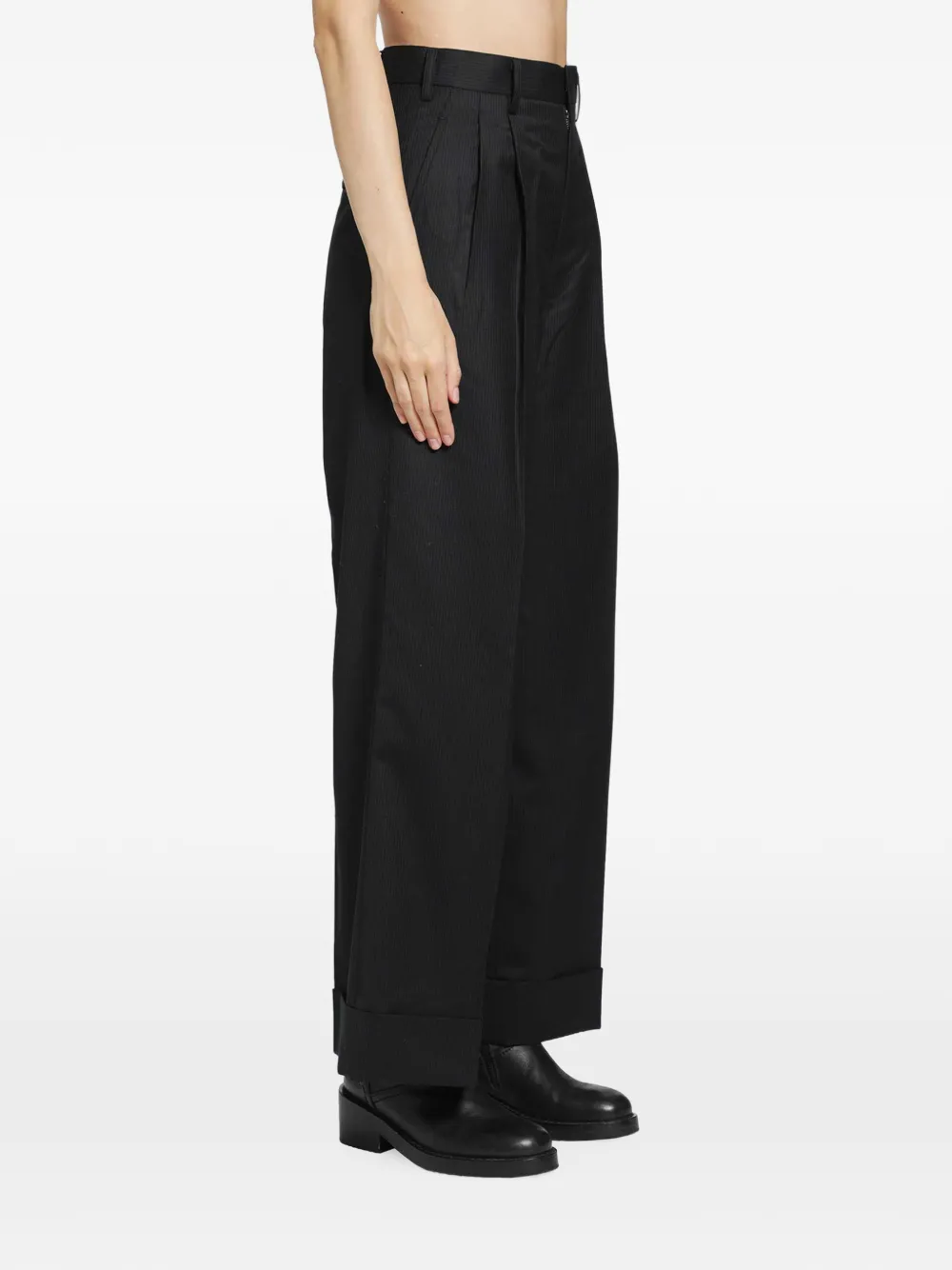 Junya Watanabe Pleated Pinstriped Trousers in Black, view 2
