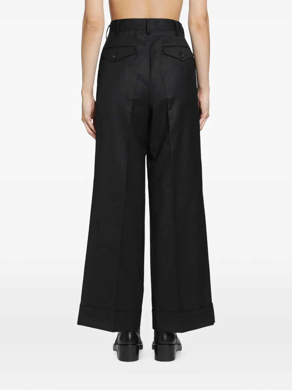 Junya Watanabe Pleated Pinstriped Trousers in Black, view 3