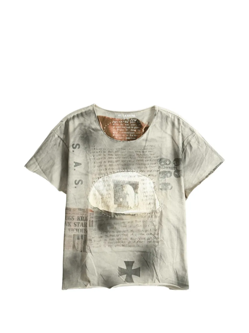 Saitos Patchwork-print Distressed T-shirt In Gray