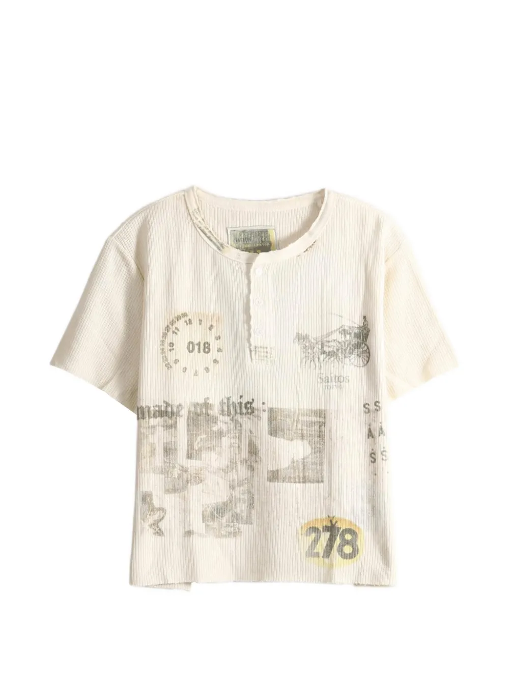 Saitos Graphic-print Waffle-knit Henley T-shirt In Neutral