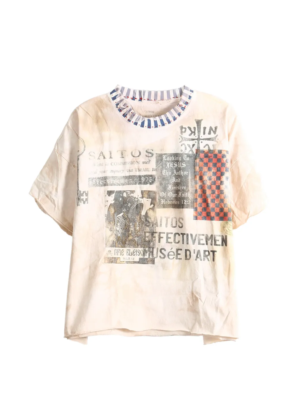 Saitos Striped-neck Graphic-print T-shirt In Neutral