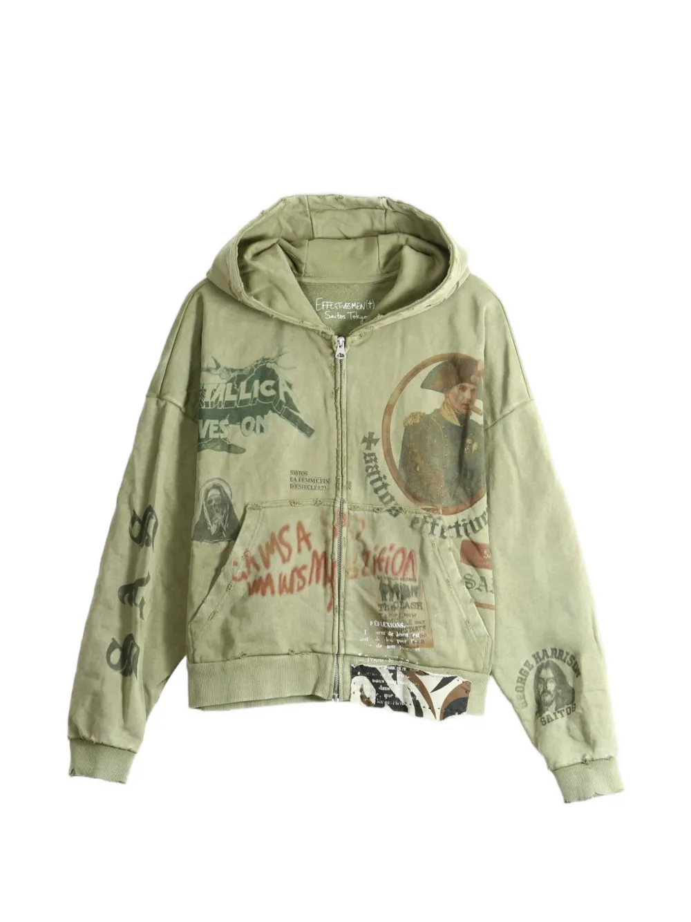 Saitos Ghost Image Distressed Zip-up Hoodie In Green