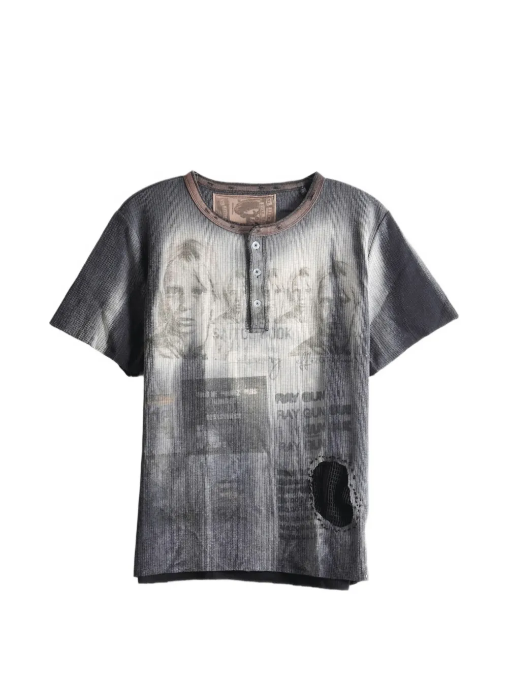 Saitos Mesh-patch Henley T-shirt In Gray