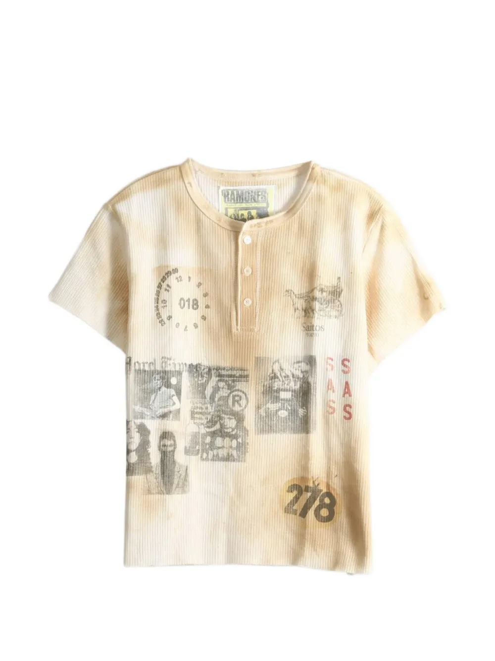 Saitos Graphic-print Waffle-knit Henley T-shirt In Neutral