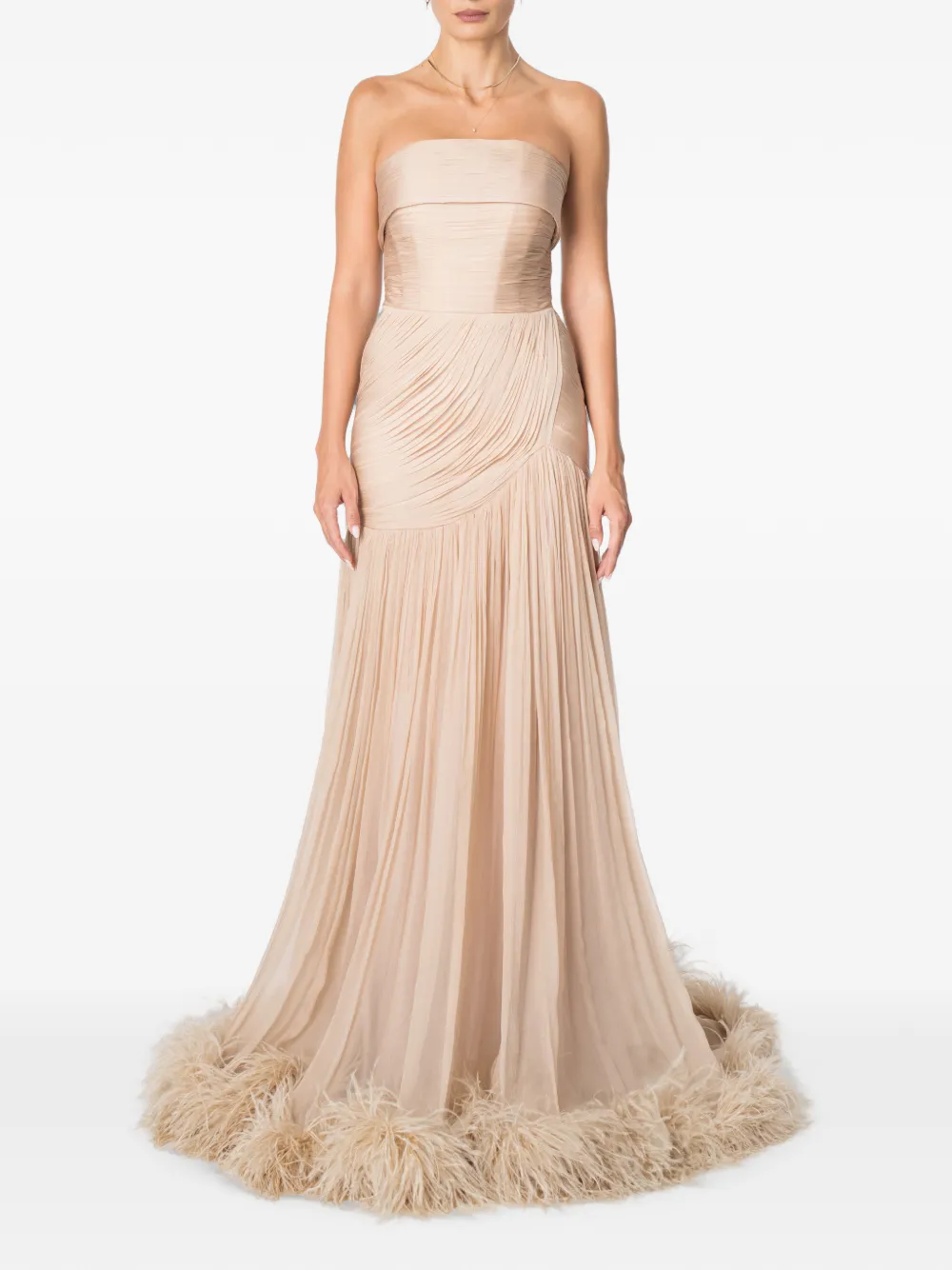 M.Marquise feather-trim ruched maxi dress - Toni neutri