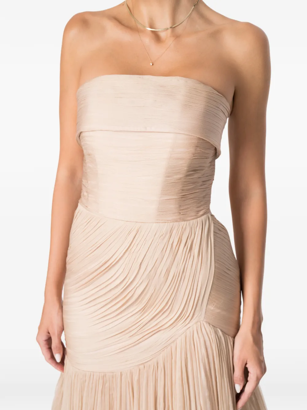 M.Marquise Maxi-jurk met ruches en veren afwerking Beige