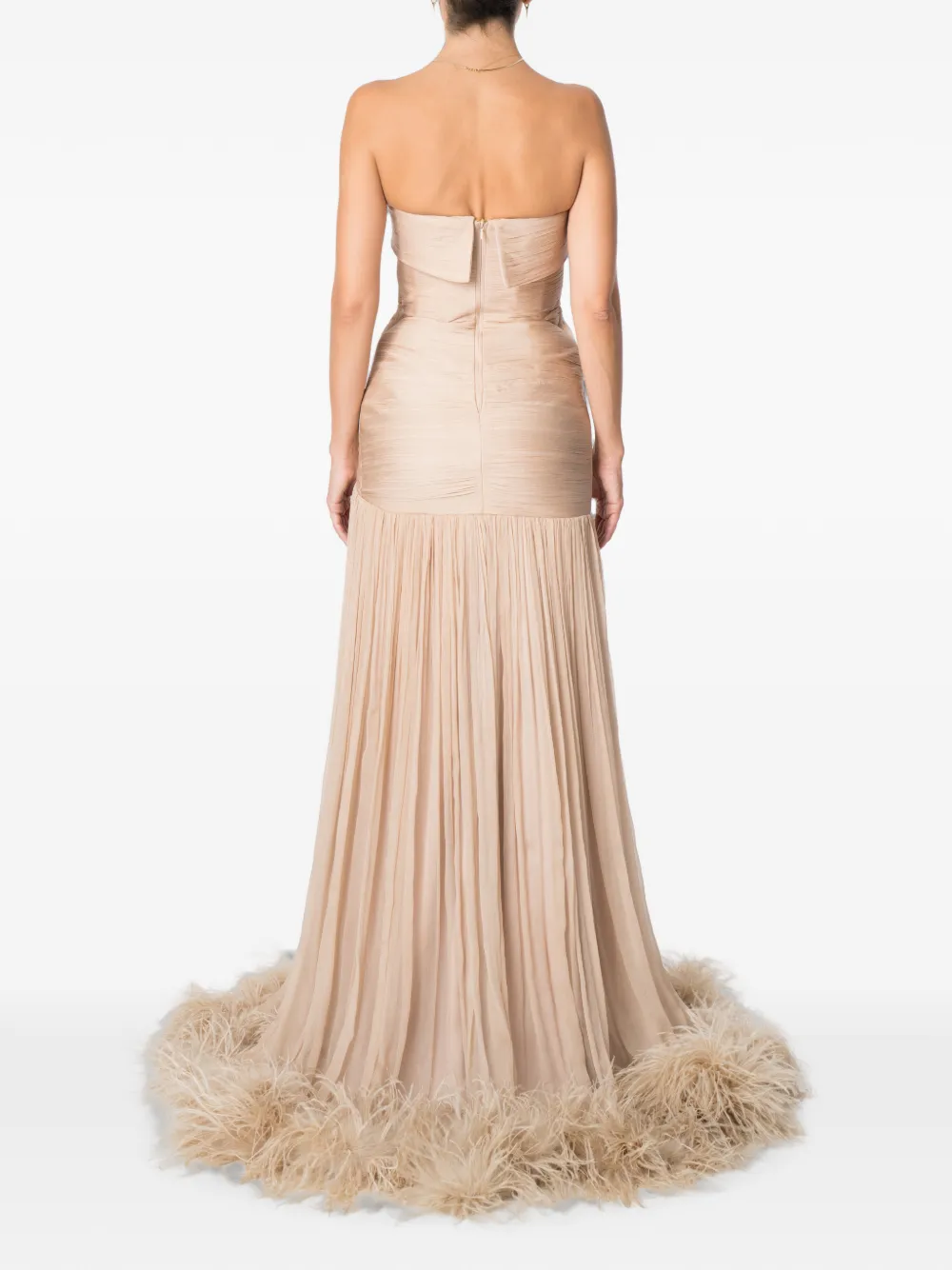 M.Marquise Maxi-jurk met ruches en veren afwerking Beige
