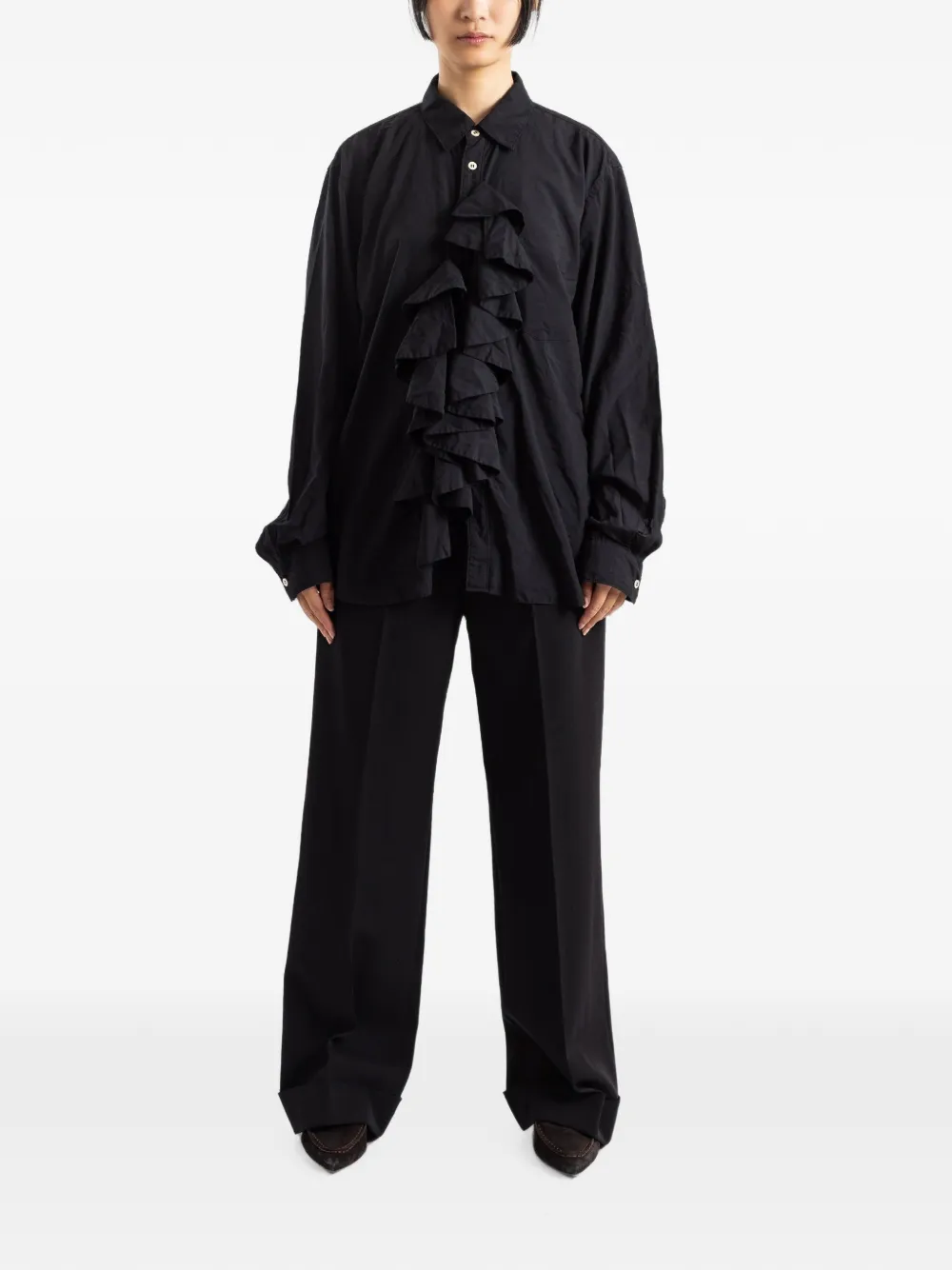 Comme Des Garçons Oversized Ruffled Jabot Cotton Shirt in Black, view 2