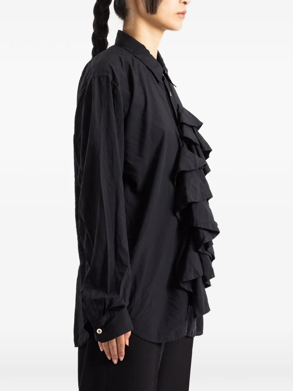 Comme Des Garçons Oversized Ruffled Jabot Cotton Shirt in Black, view 3