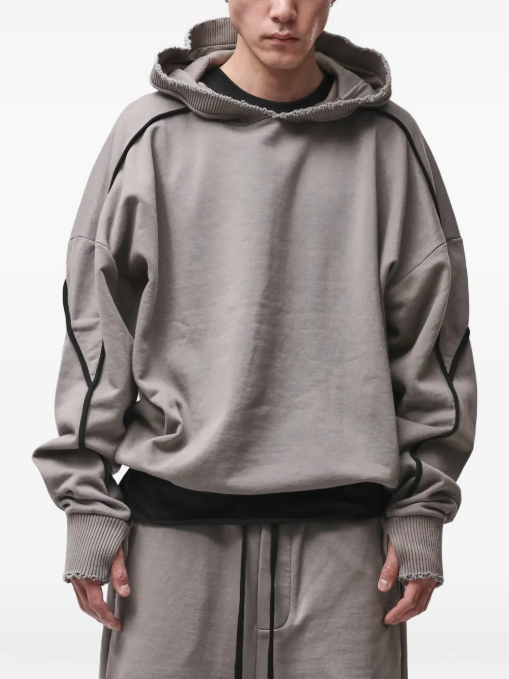 Thom Krom piping-detail raw-edge hoodie - Grigio