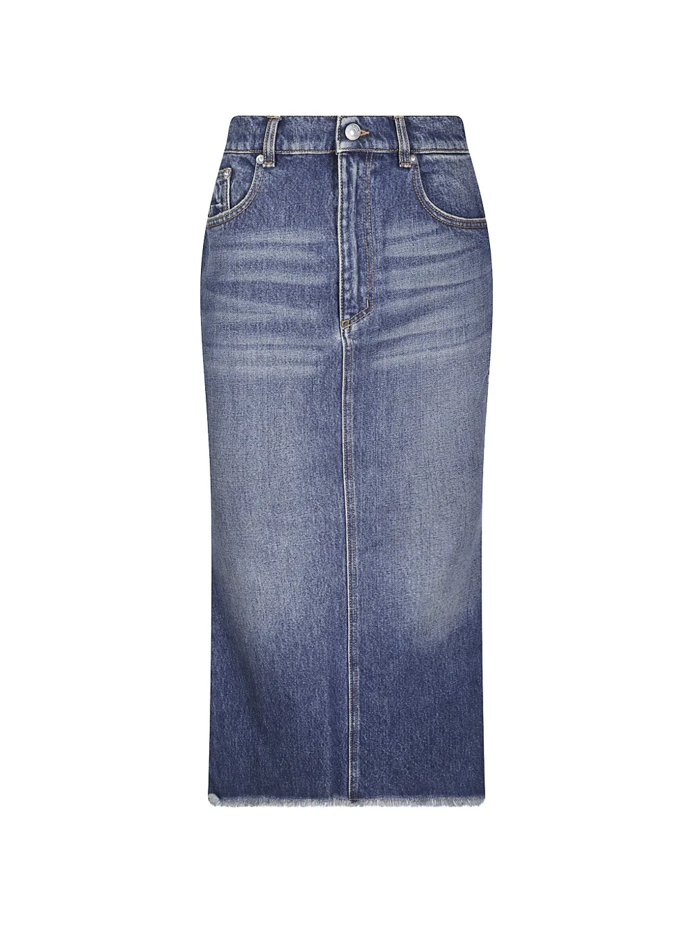 Matières Fécales frayed-hem midi denim skirt