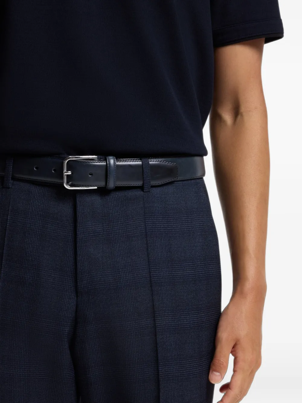 BOSS Leren riem met gepolijste zilveren gesp Blauw