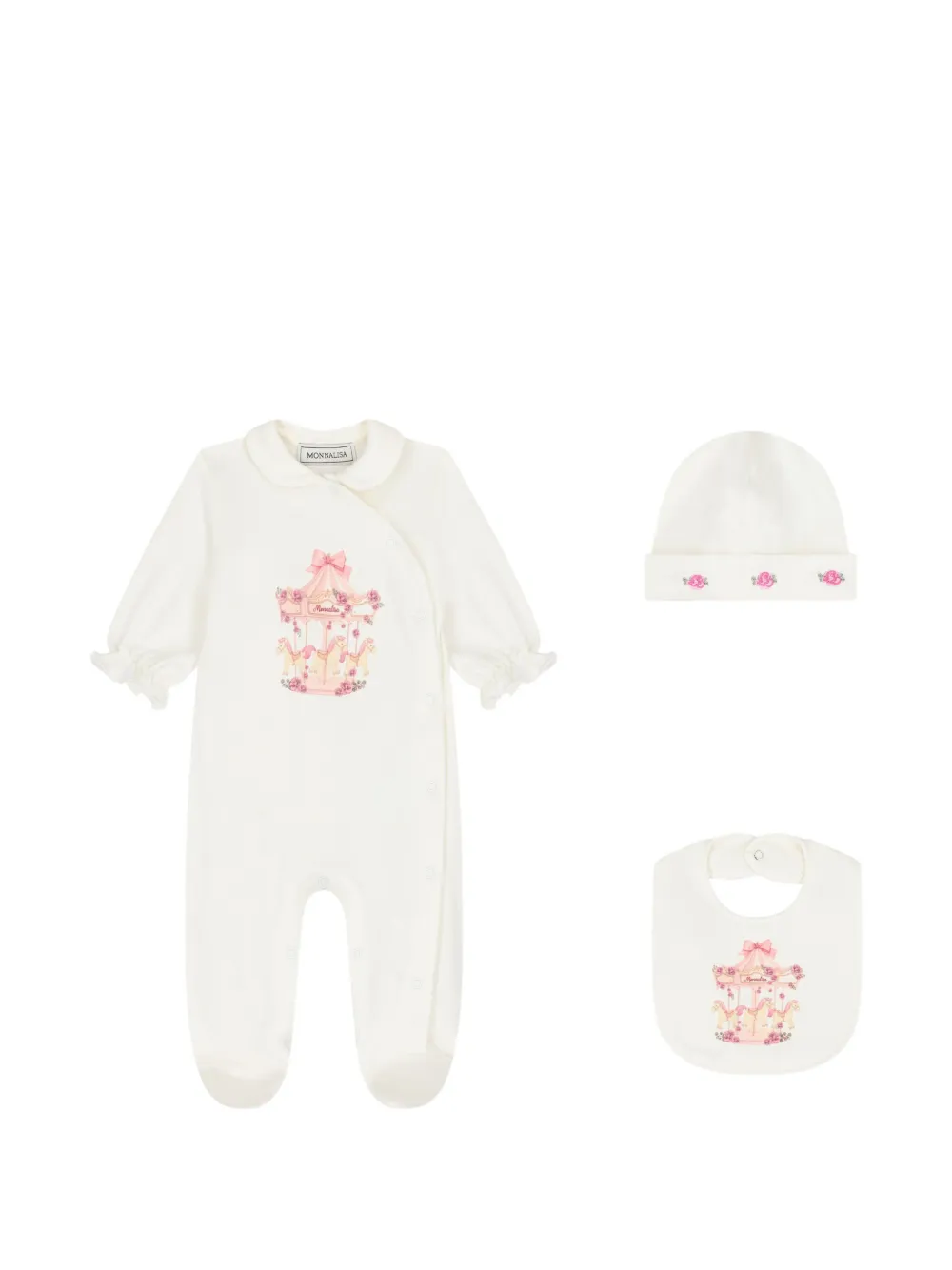 Monnalisa Carousel Onesie Schlafanzug mit Lätzchen (3er-Set) - Weiß