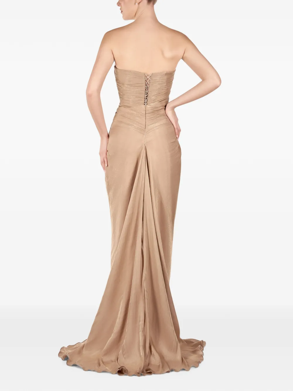 ANDREEA VENECIUC Champagne Glow avondjurk zonder bandjes met ruches Beige