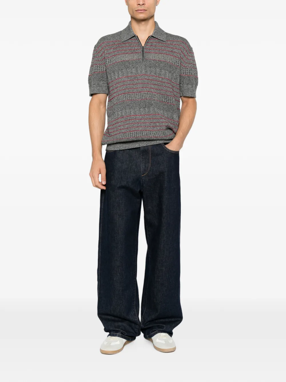 Drôle De Monsieur Gestreept gebreid poloshirt met kwartrits Grijs