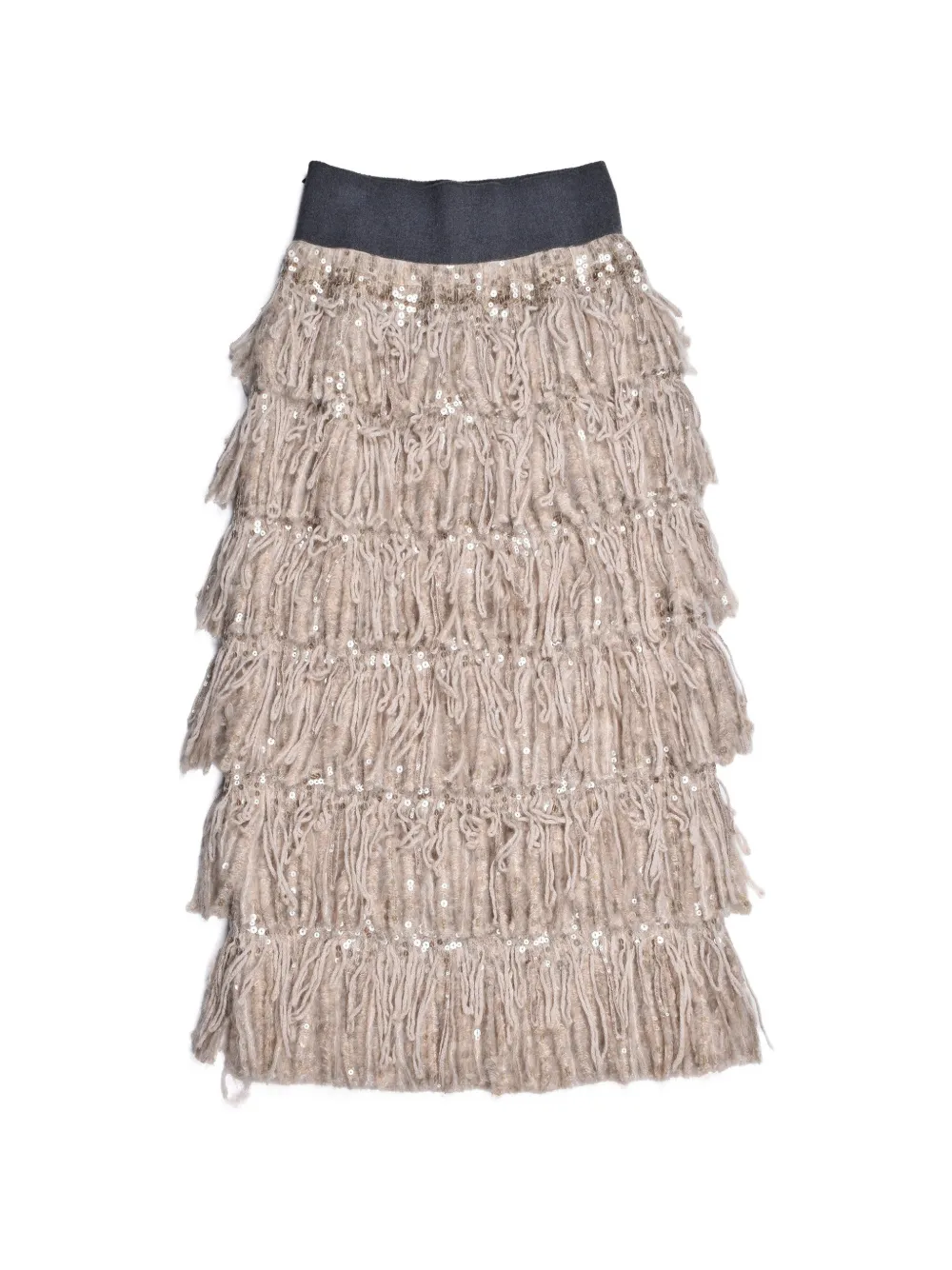 Brunello Cucinelli sequin-embellished midi fringed skirt Beige