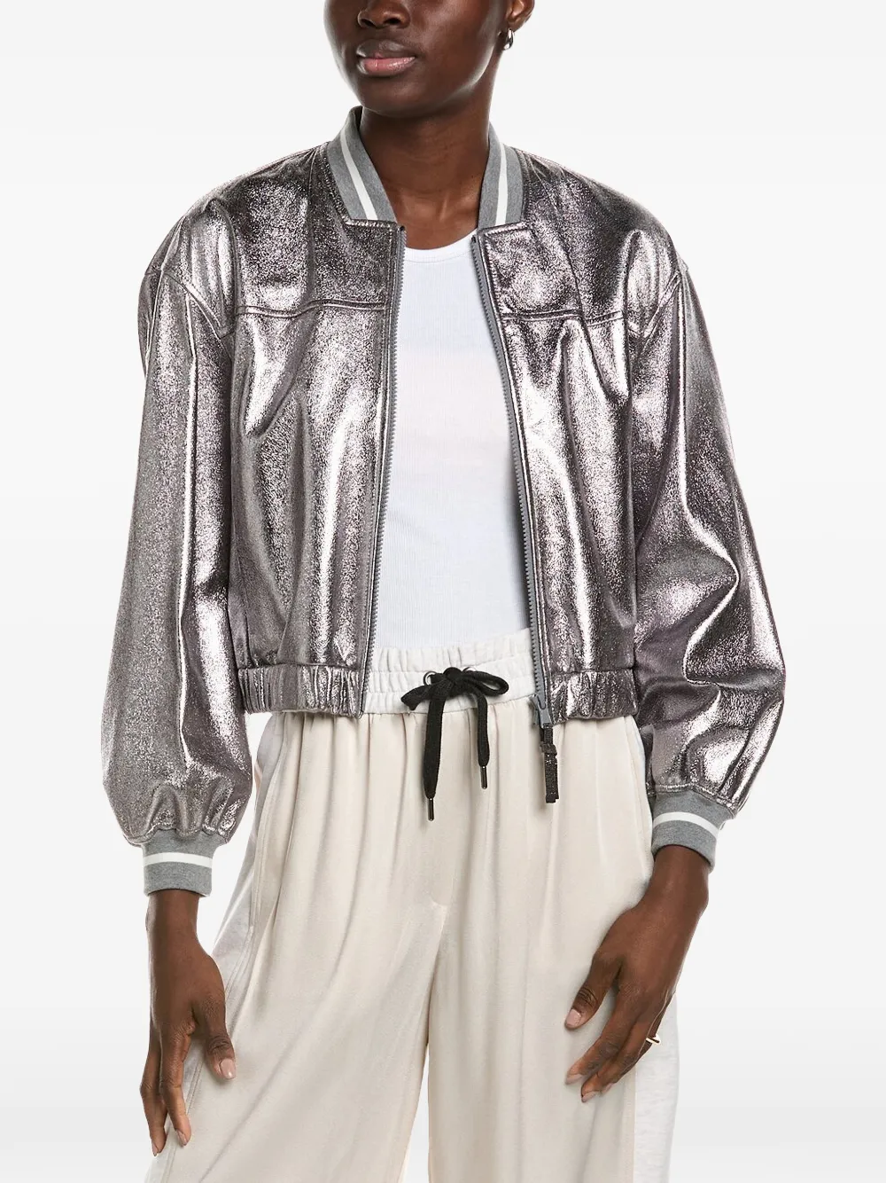 Brunello Cucinelli Bomber in pelle metallizzata - Argento