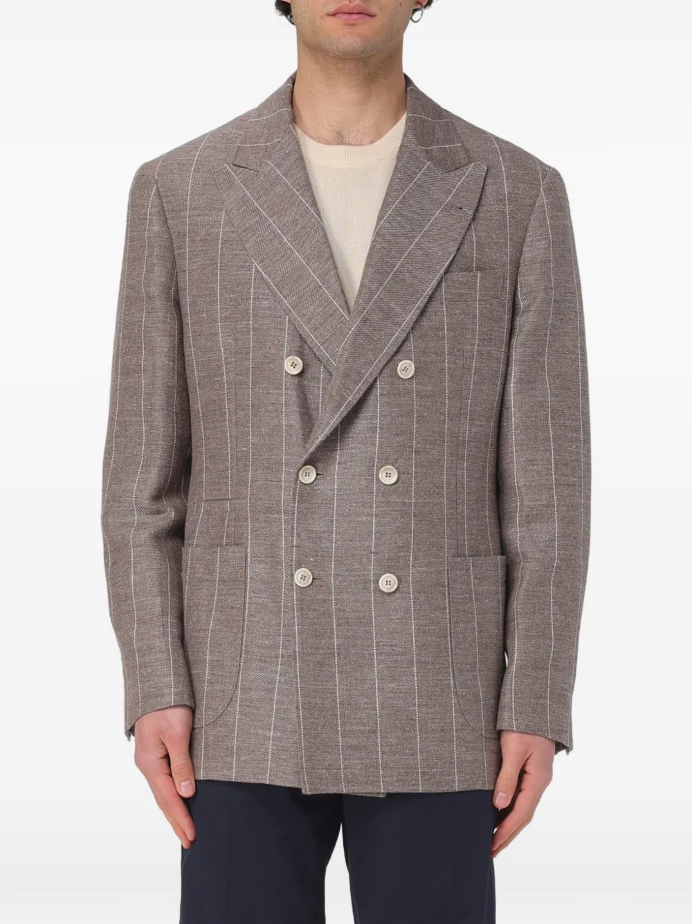 Brunello Cucinelli blazer croisé à fines rayures - Marron