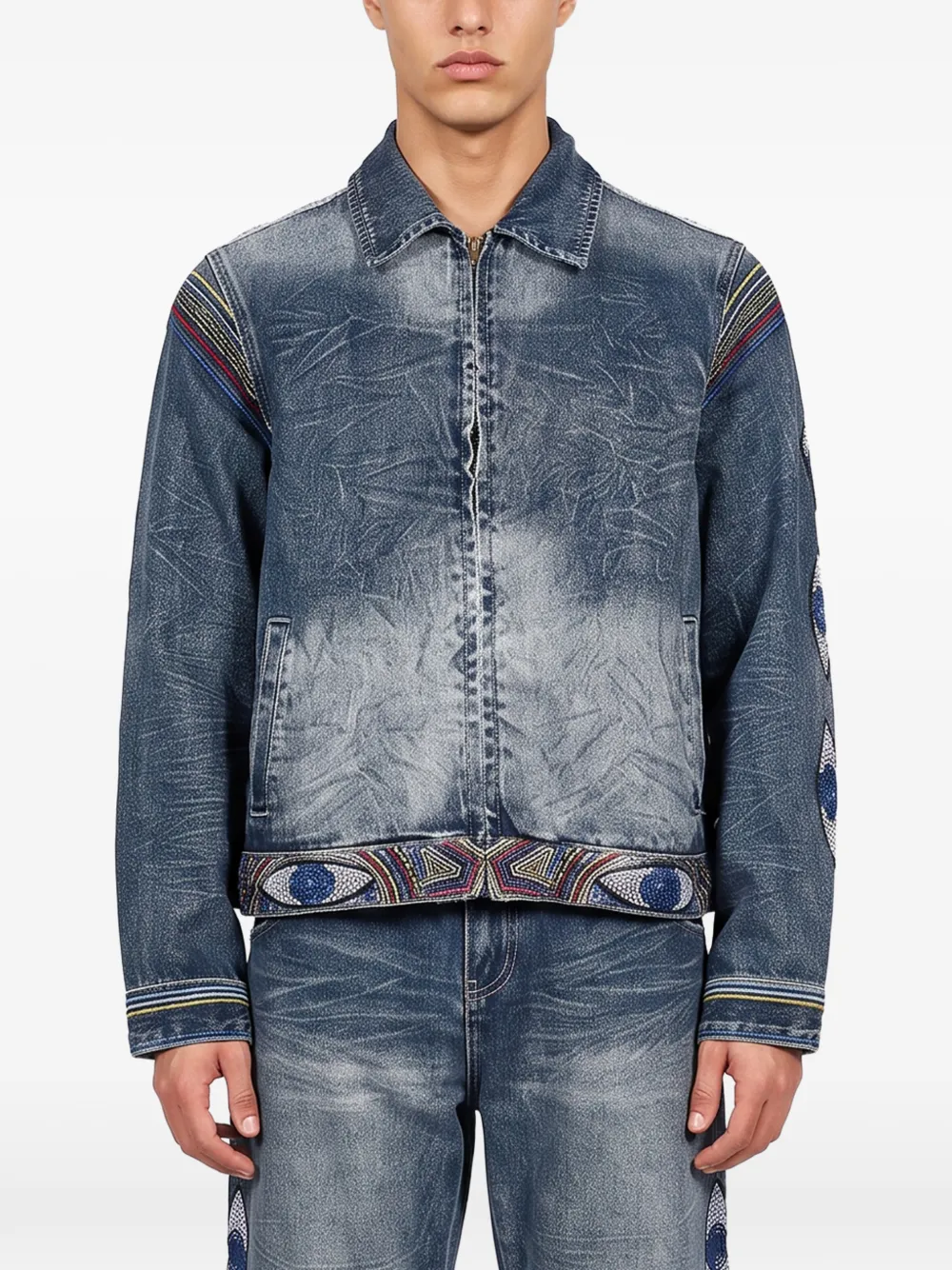 KidSuper Denim jack met acid-wassing en geborduurd oog Blauw