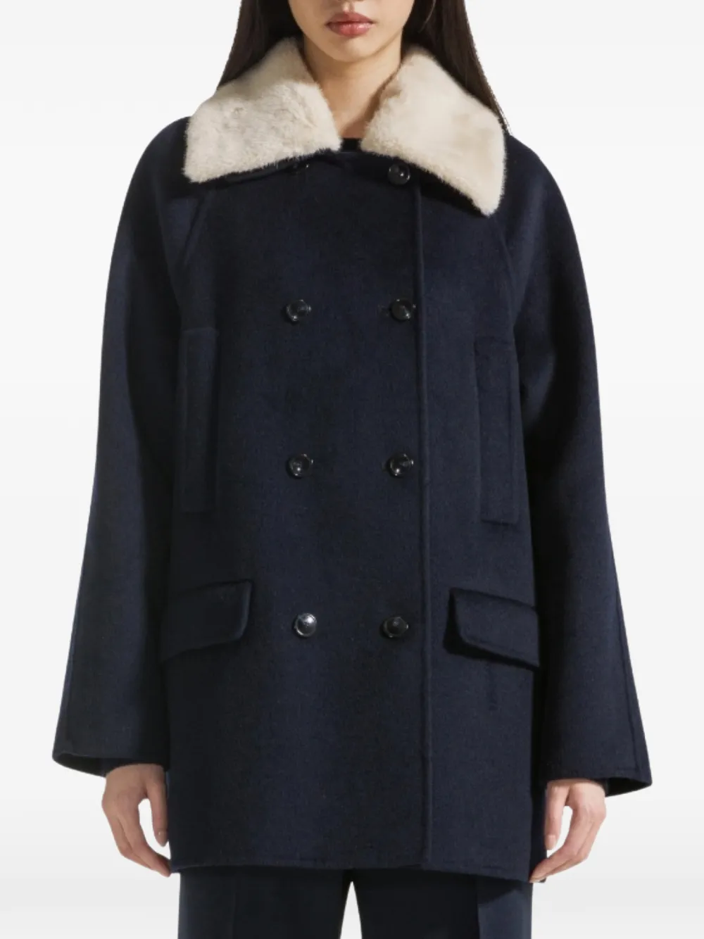 Seventy faux-fur collar double-breasted coat Blauw