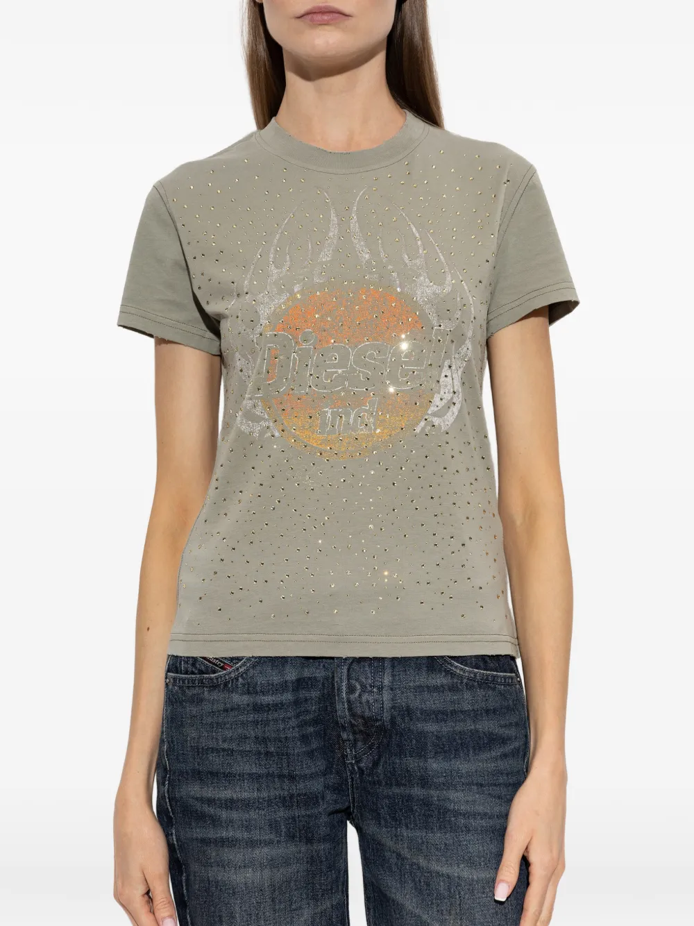 Diesel T-Maggy-Cry T-shirt verfraaid met kristallen en grafische print Groen