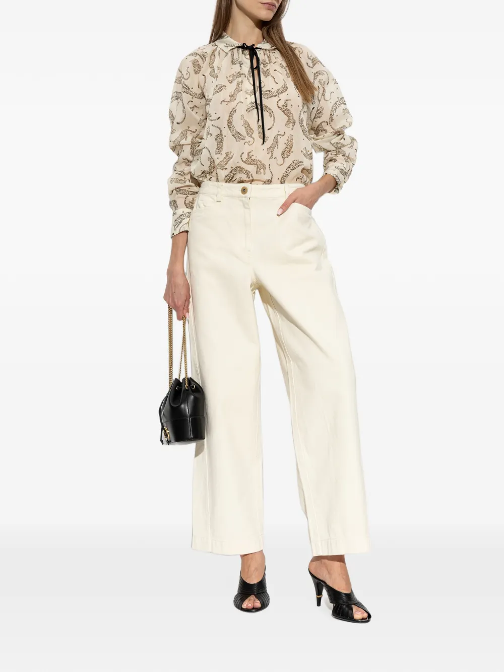 Forte Blouse met gestrikte hals en dierenpatroon Beige