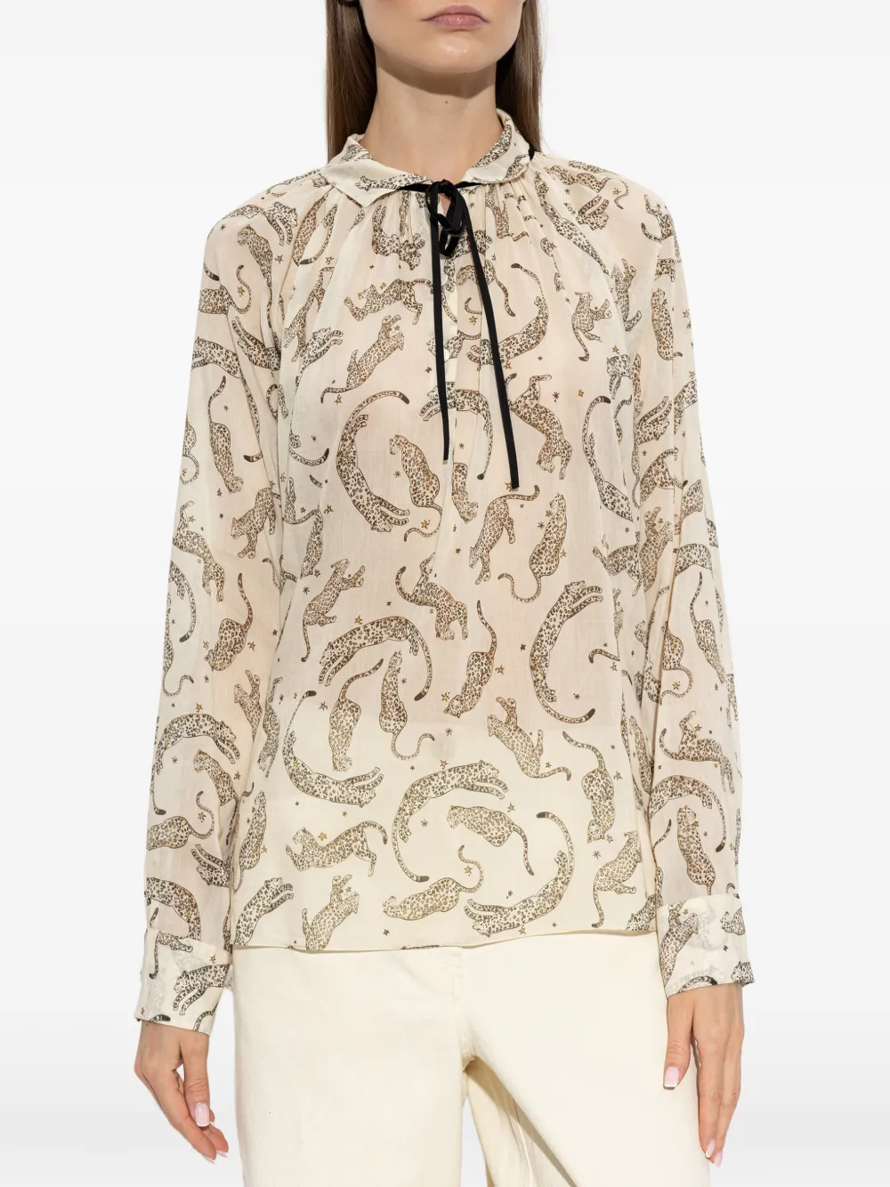 Forte Blouse met gestrikte hals en dierenpatroon Beige