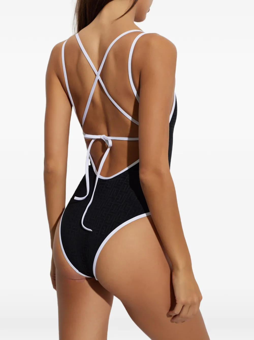 Balmain Monogram-pattern Cross-strap Swimsuit In 블랙