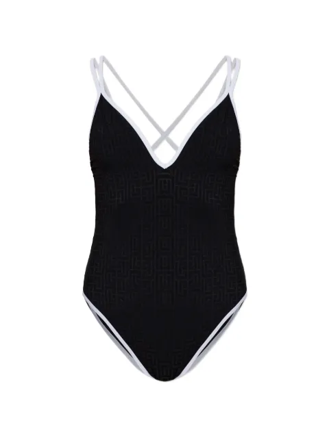 Balmain monogram-pattern cross-strap swimsuit