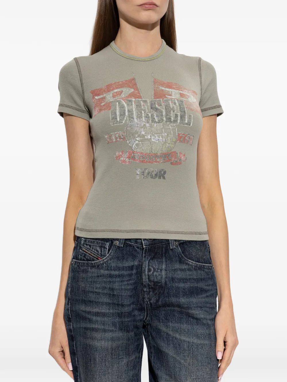 Diesel T-Marsy-Rib geribbeld T-shirt met logo-print Groen