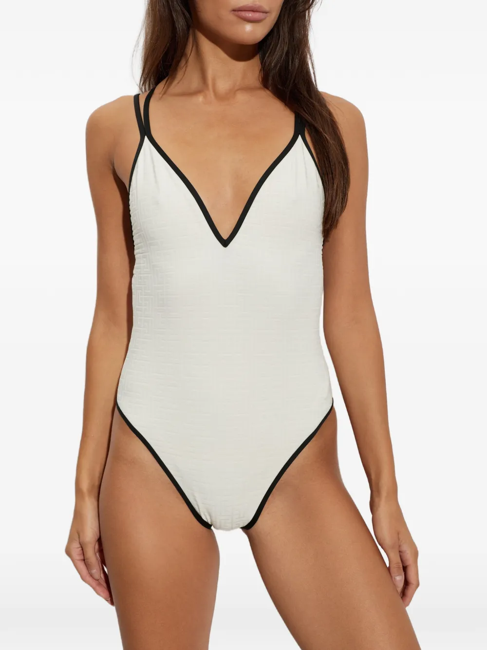 Balmain Badpak met monogram-patroon en V-hals Beige