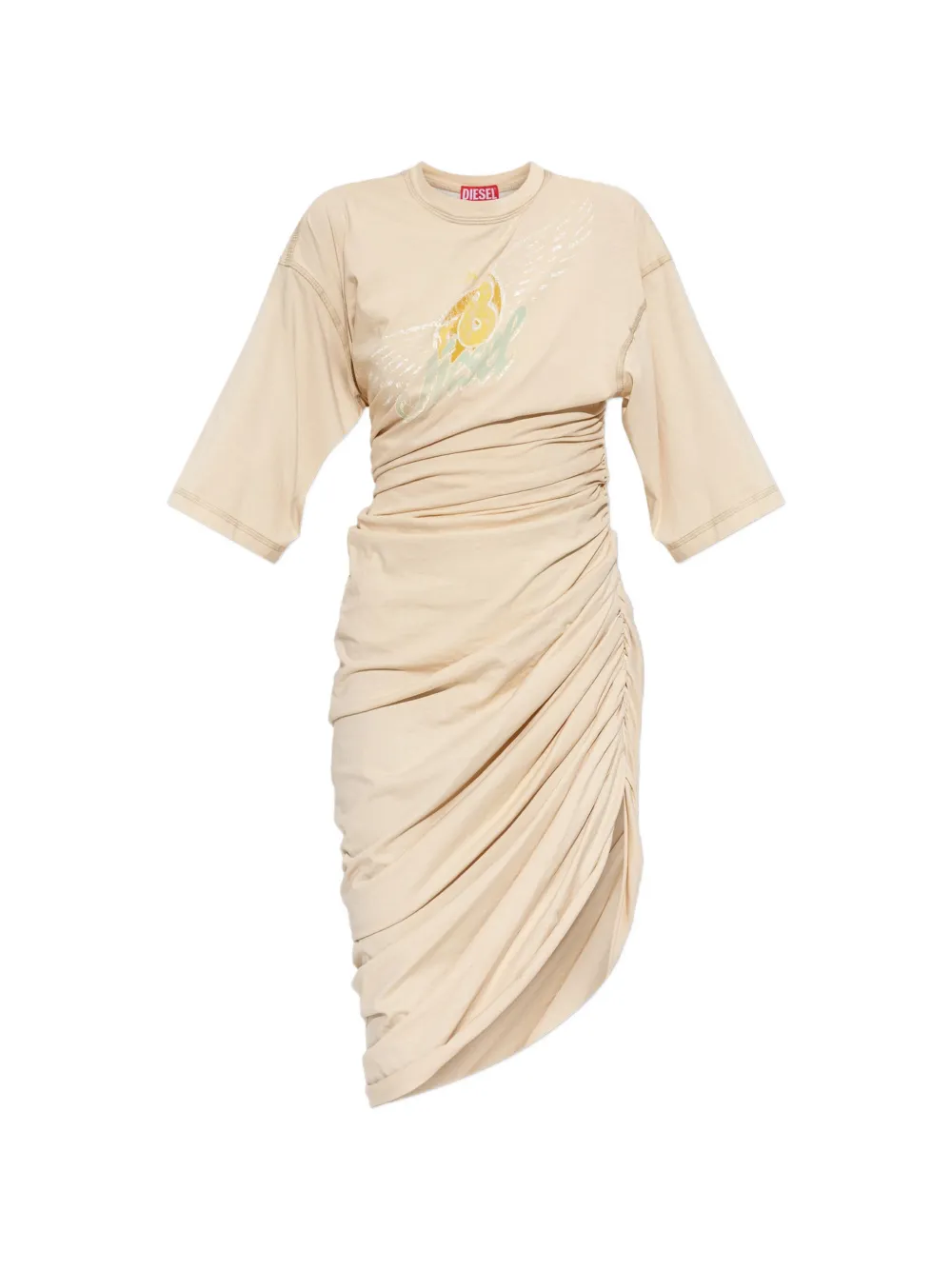 Diesel D-virta Ruched Logo-print Dress In 뉴트럴