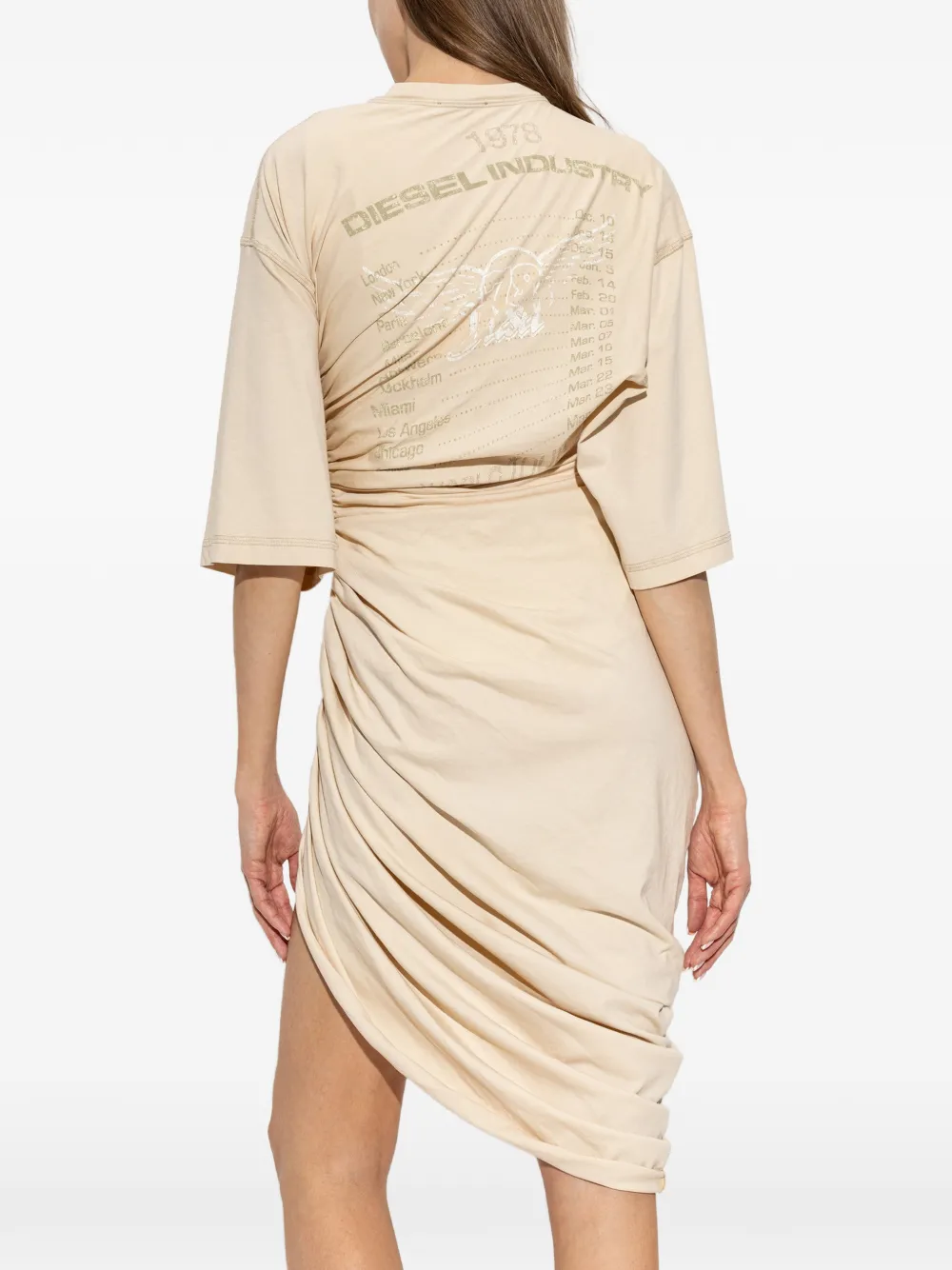 Diesel D-Virta jurk met ruches en logo-print Beige