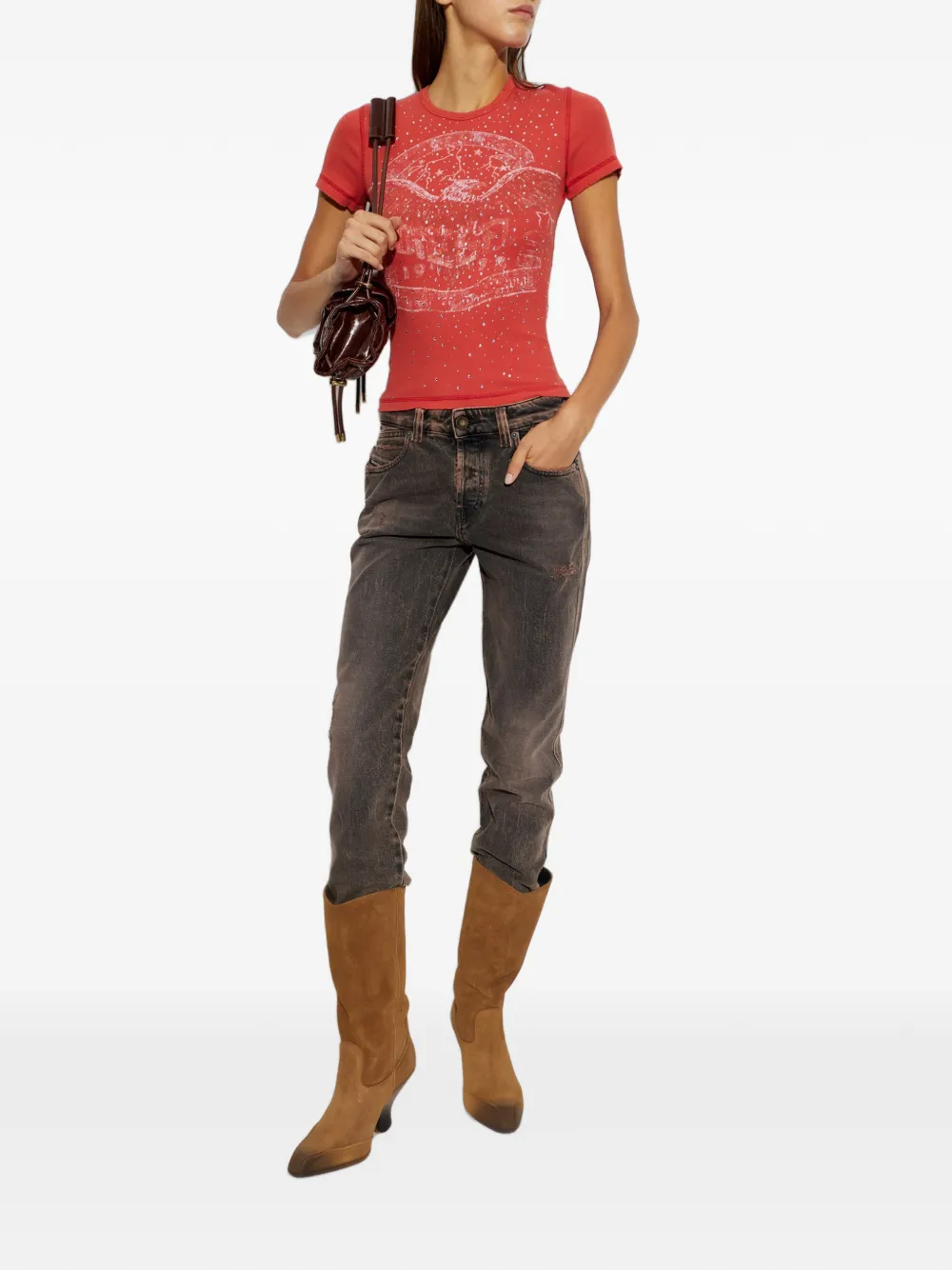 Diesel T-shirt verfraaid met kristallen Rood