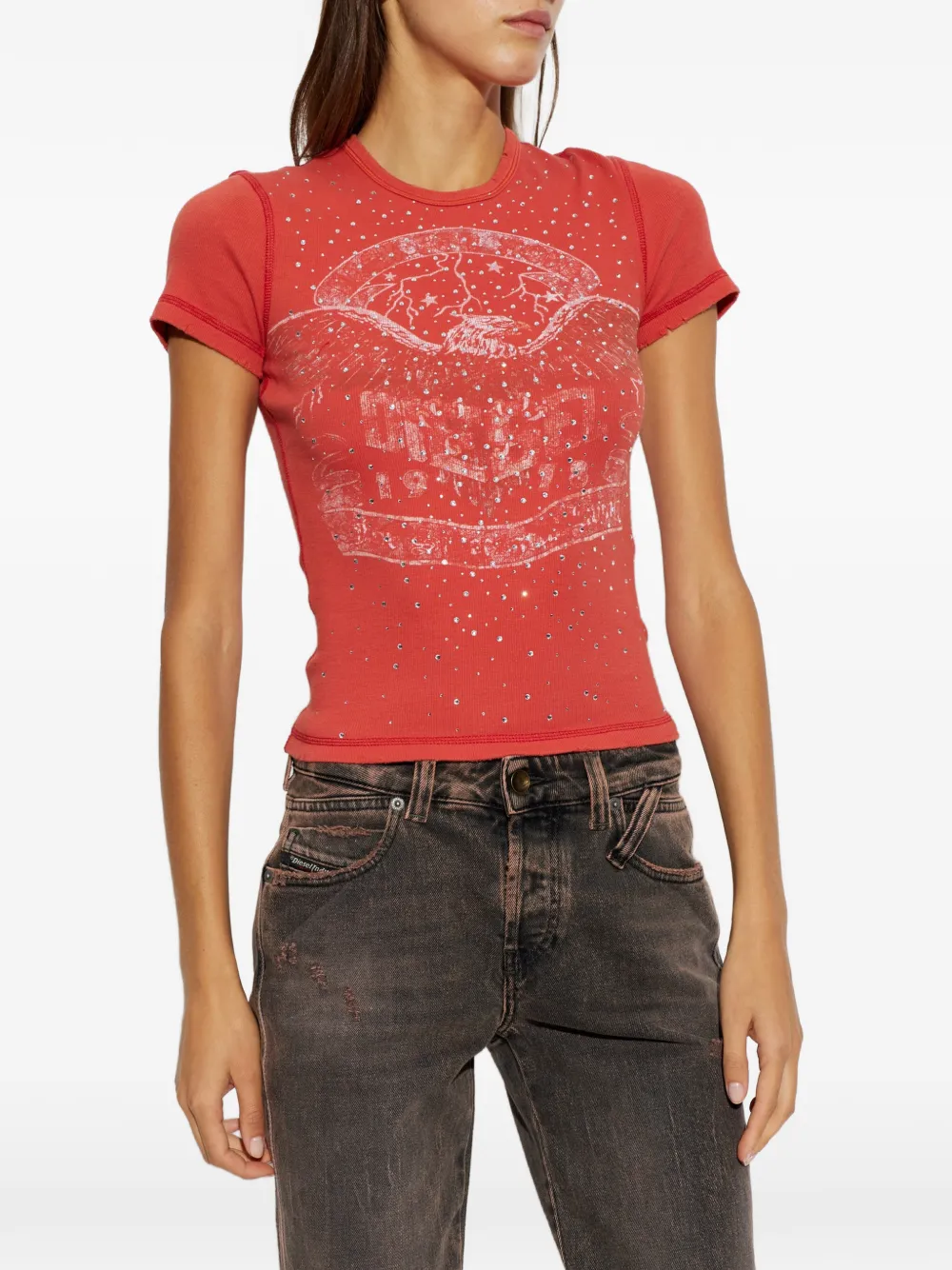 Diesel T-shirt verfraaid met kristallen Rood