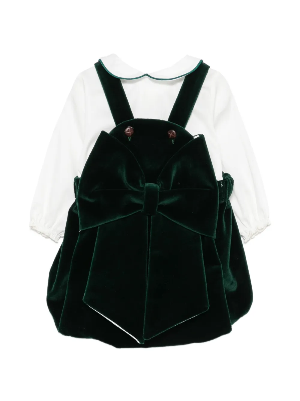 La Stupenderia bow-detail velvet-finish dungarees set - Verde